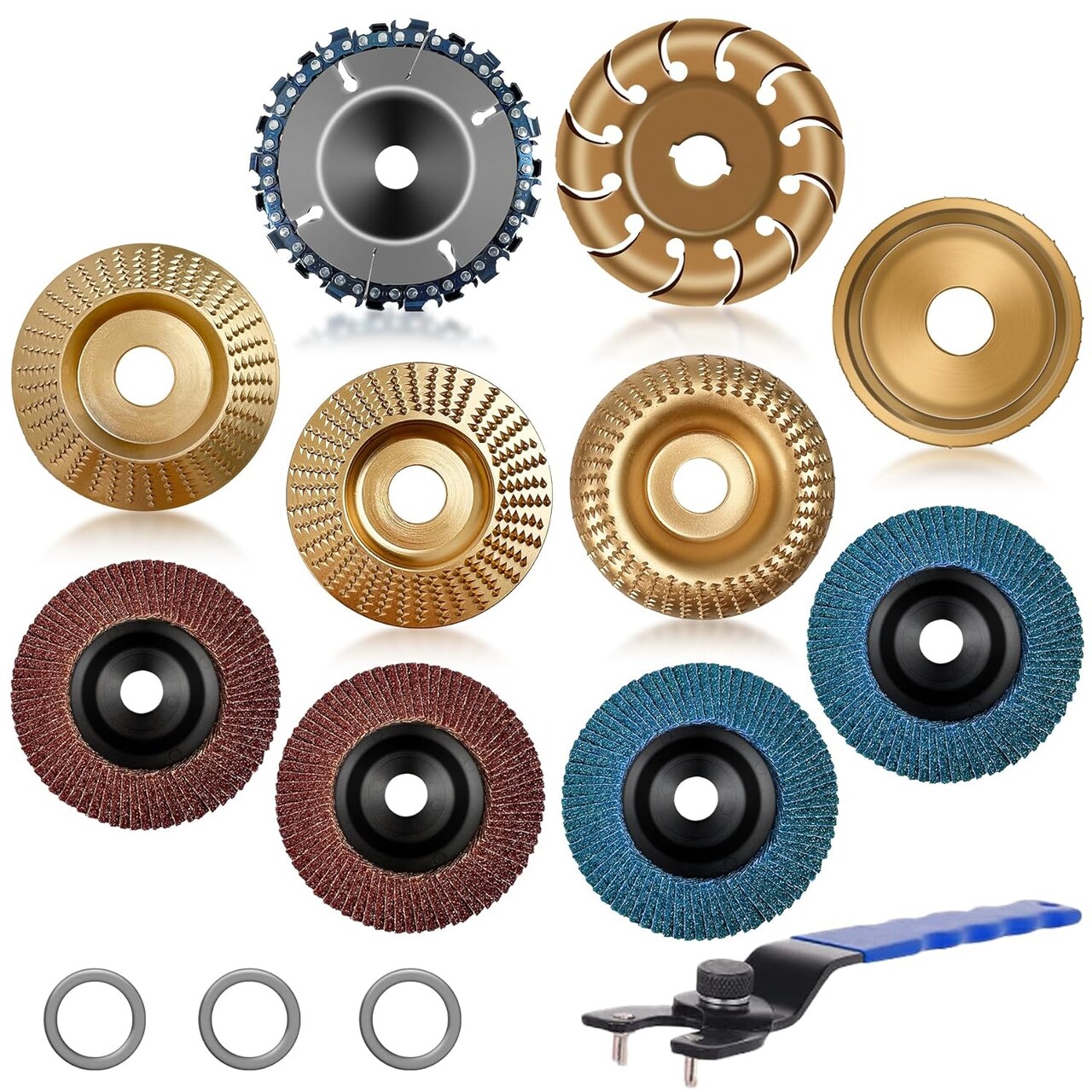 11PCS Wood Carving Disc Set for 4" or 4 1/2" Angle Grinder, Stump Tool Grinding Wheel Disc with 5/8" Adapter Ring, Woodworking Grinder Attachment for Cutting Shaping Carving Sanding Polishing
